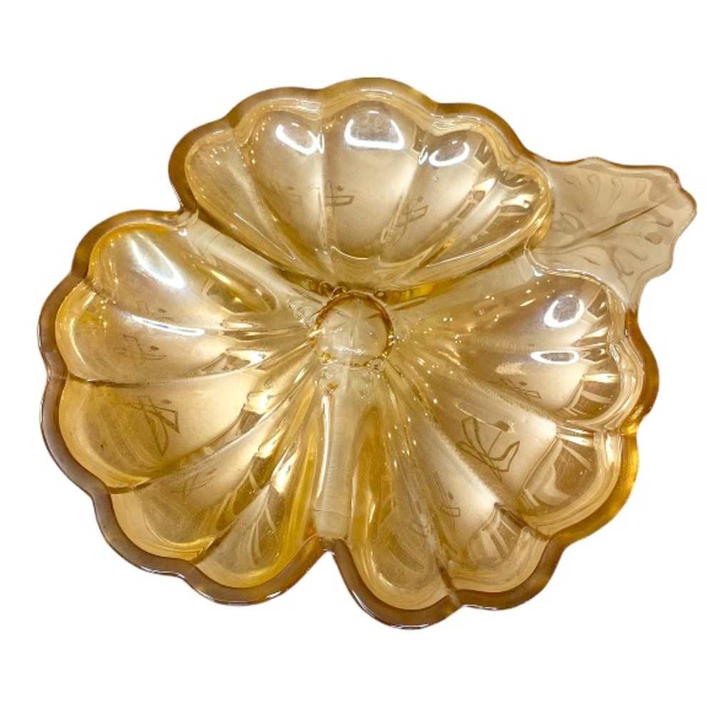 Vintage Iridescent Marigold Carnival Glass Three Leaf Clover